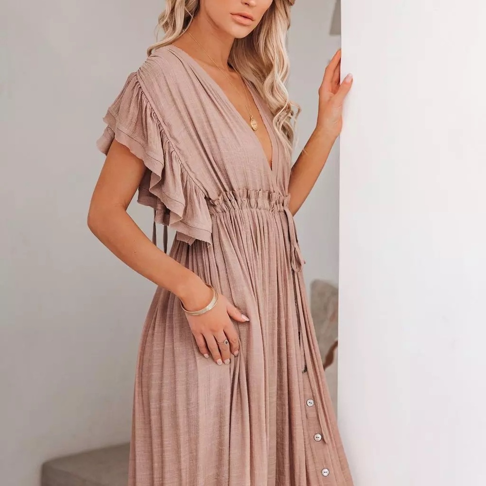 Muted Mauve Boho Gauze Boho Button Flutter Sheer Maxi Dress W/Adjustable Tie - Picture 1 of 7